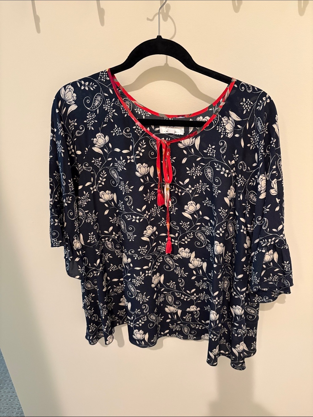 Johnny Was Navy Floral Tie-Front Blouse with Red Trim Jade by Johnny Was